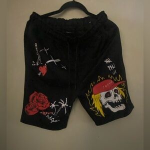Black Graphic Rose Skelton Designed Men Shorts